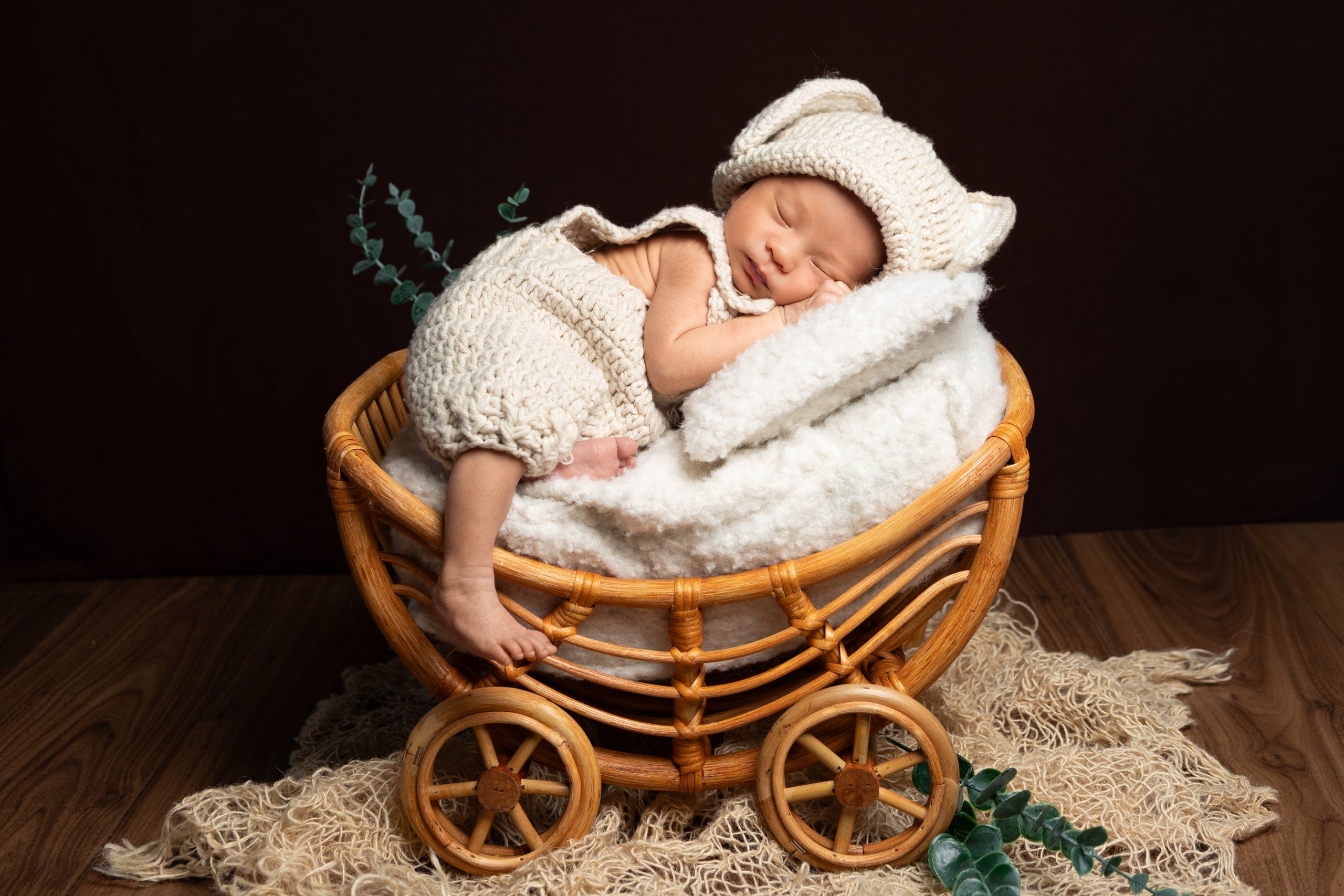 Newborn tucked into a vintage wicker pram